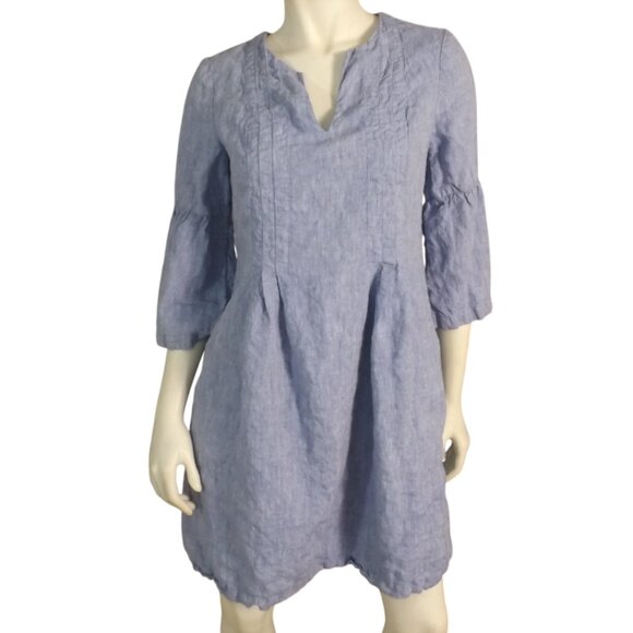 J.JILL Dress, S, Love Linen, Split neck, 3/4 Bell Sleeves, Blue, Short - Picture 1 of 11